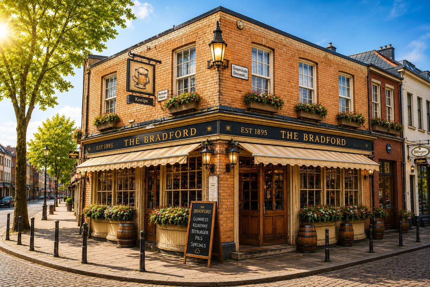 The Bradford: ein Eckhaus aus Backstein an einer sonnigen Stra&szlig;enecke, mit heller Markise, Blumenk&auml;sten, Bierf&auml;ssern und dem goldenen Schriftzug &bdquo;The Bradford &middot; Est 1895&ldquo;.
