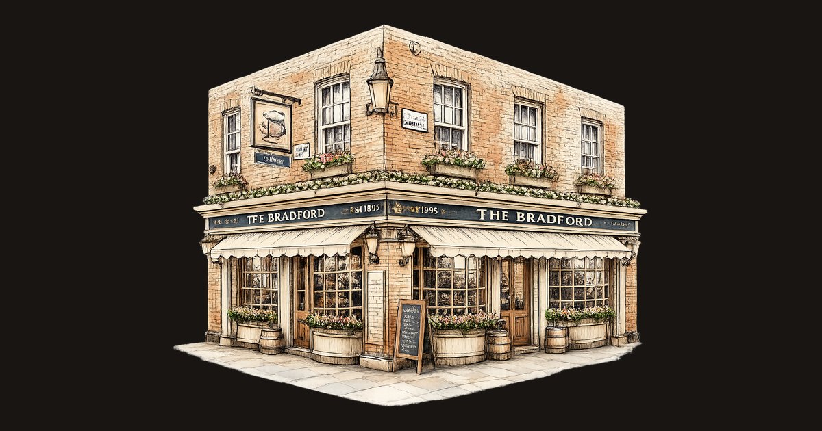 The Bradford: ein Eckhaus aus Backstein mit Markise, Blumenk&auml;sten und dem dunkelgr&uuml;nen Schild &bdquo;The Bradford&ldquo; &uuml;ber den Fenstern.